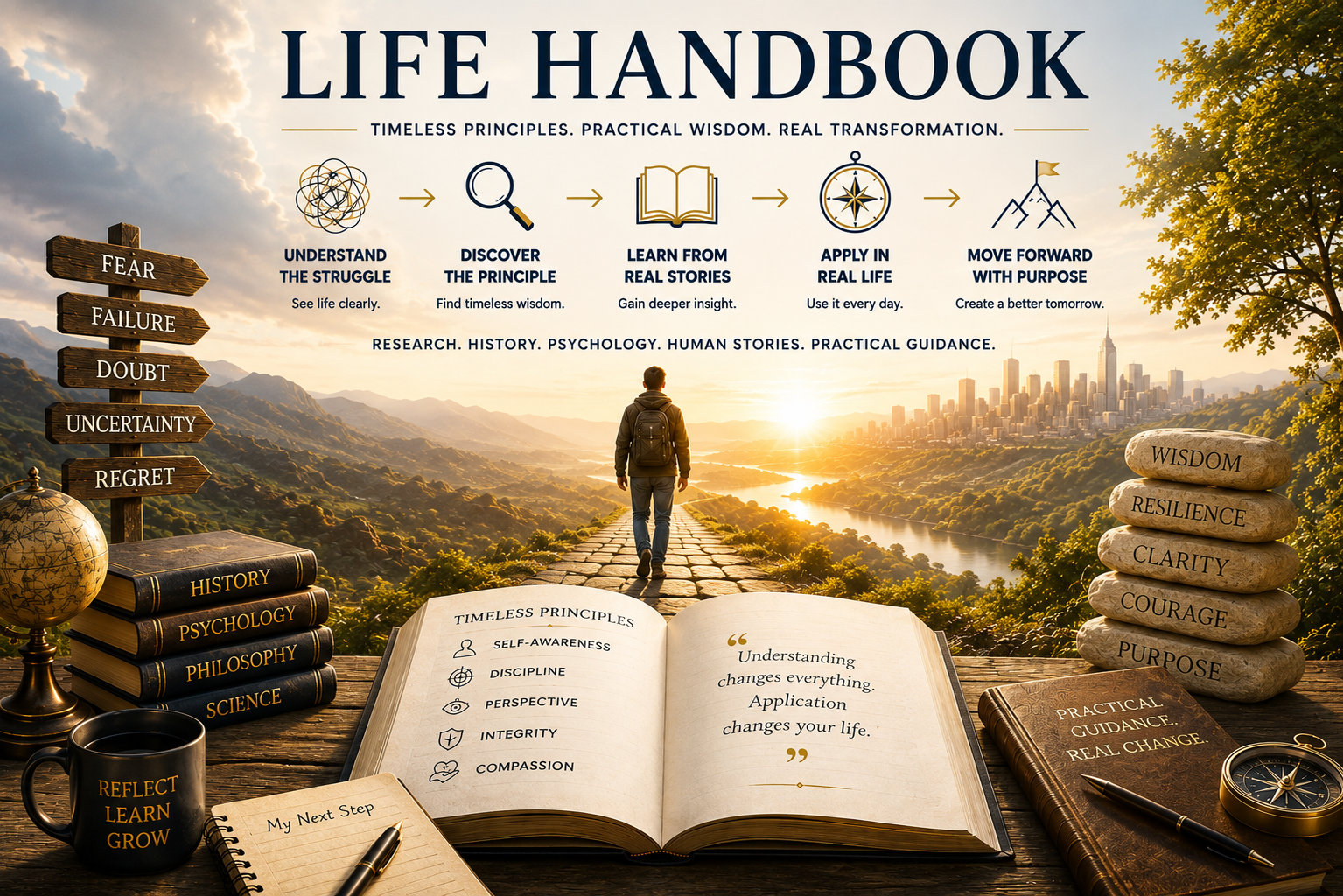 Life Handbook — timeless principles, practical wisdom, real transformation. A traveller walks toward a golden horizon surrounded by books, a compass and stacked stones of wisdom.